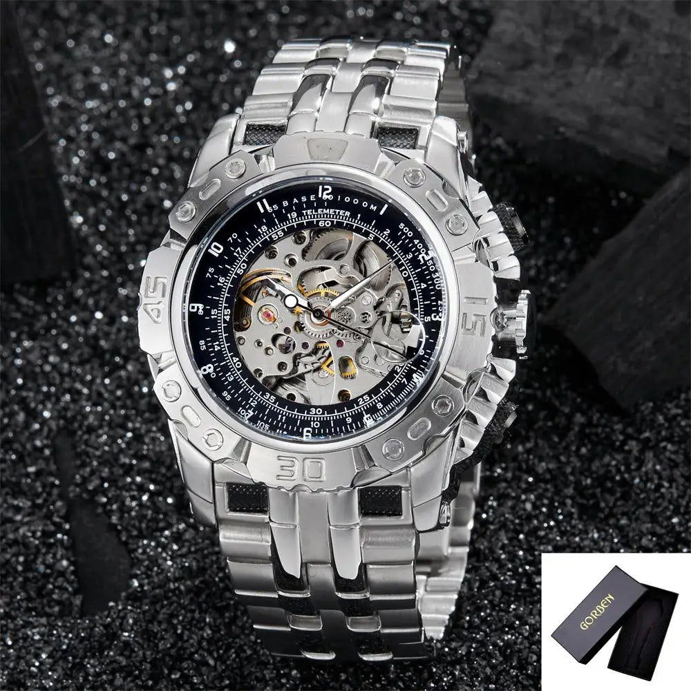 Skeleton Mechanical Watch Men's Top Brand Luxury Automatic Wristwatch Stainless Steel Band Sports Waterproof Male Reloj Gifts