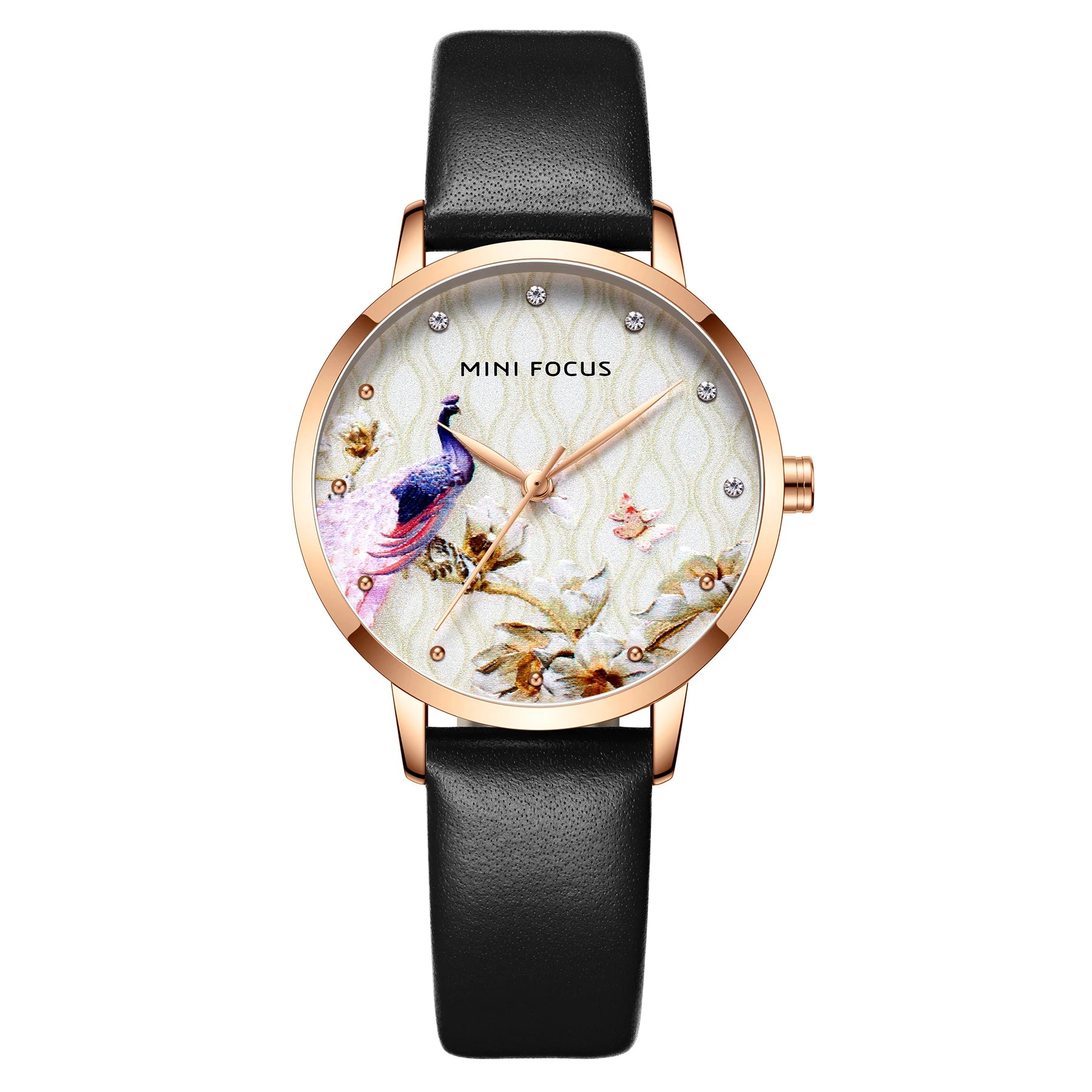 Peacock Elegance - Women's Luxury Leather Watch with Artistic Dial