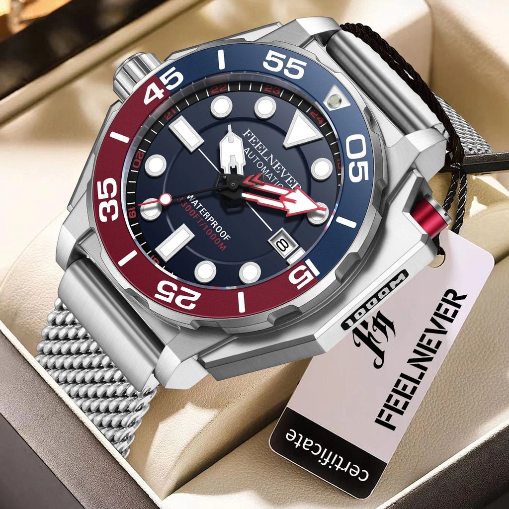 LIGE FN1809 Men's Sport Automatic Mechanical Watch DIVER Series Chronograph Stainless Steel 1000M Waterproof Wristwatch Fashion