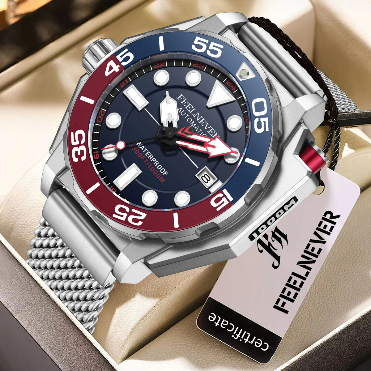 LIGE FN1809 Men's Sport Automatic Mechanical Watch DIVER Series Chronograph Stainless Steel 1000M Waterproof Wristwatch Fashion