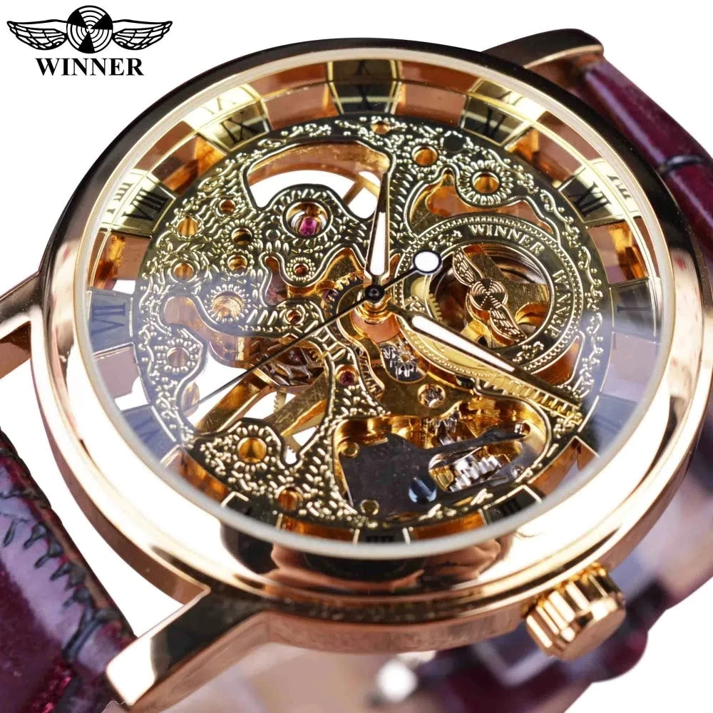 Winner Men's Automatic Watch - Transparent Golden Case Leather Business Sport Timepiece