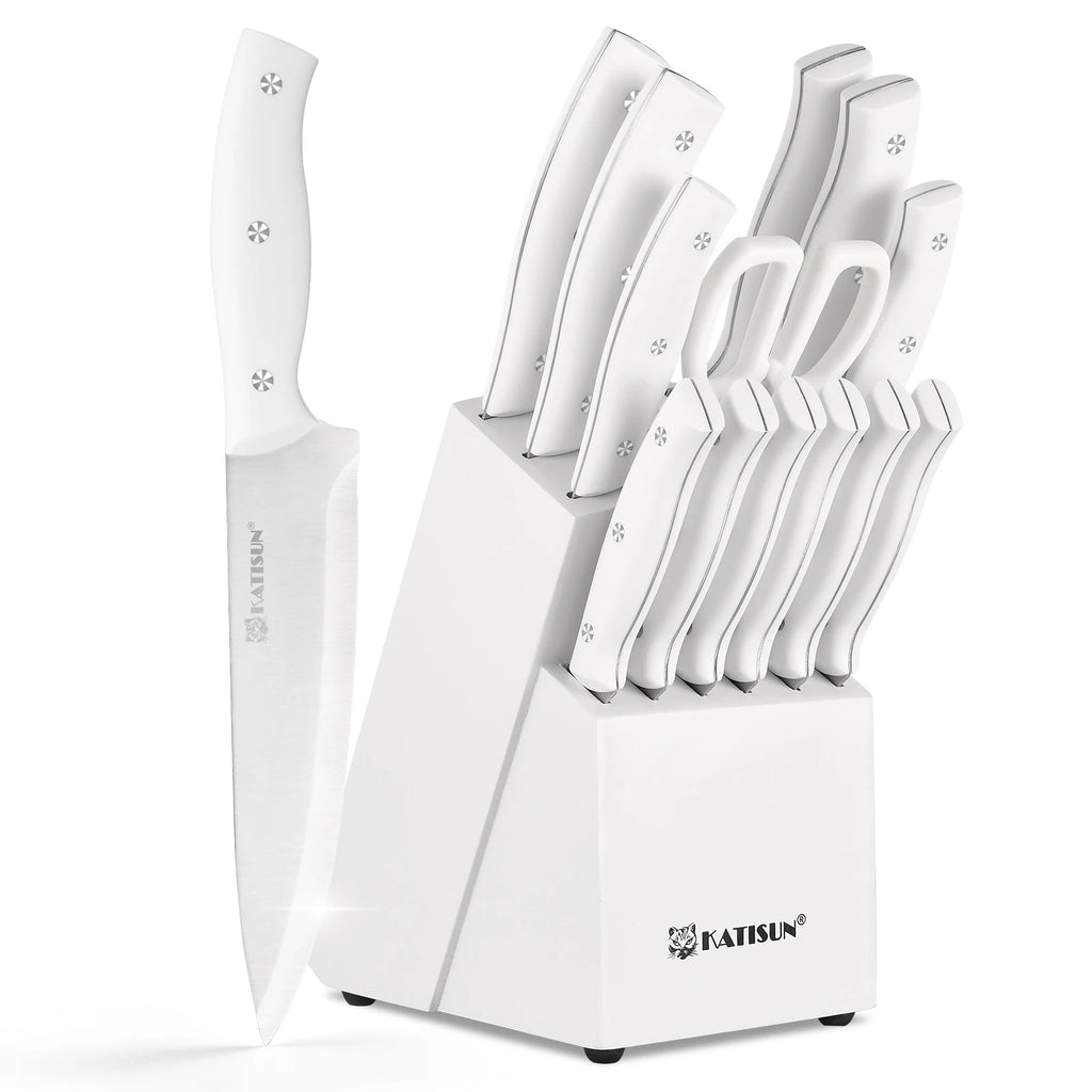 15 Pieces White Carbon Steel Blade Kitchen Knife Set with Real Wooden Stand, Inner Sharpener, and Kitchen Scissors