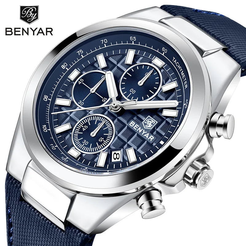 BENYAR Mens Quartz Watches Luxury Watch for Men Chronograph Men's Wristwatch Clock Leather Waterproof Sports Bracelet 5206