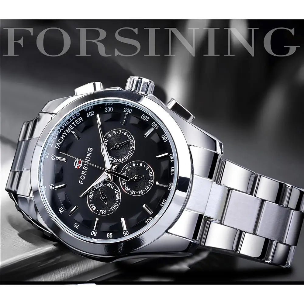 Forsining Men's Automatic Mechanical Watch - Business Black Dial with Calendar & Luminous Hands