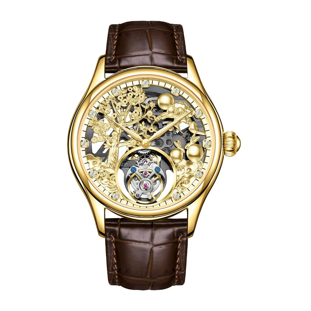 Relojes Hombre Luxury Gold Hollow Automatic Mechanical Watch Skeleton Tourbillon Watches for Men