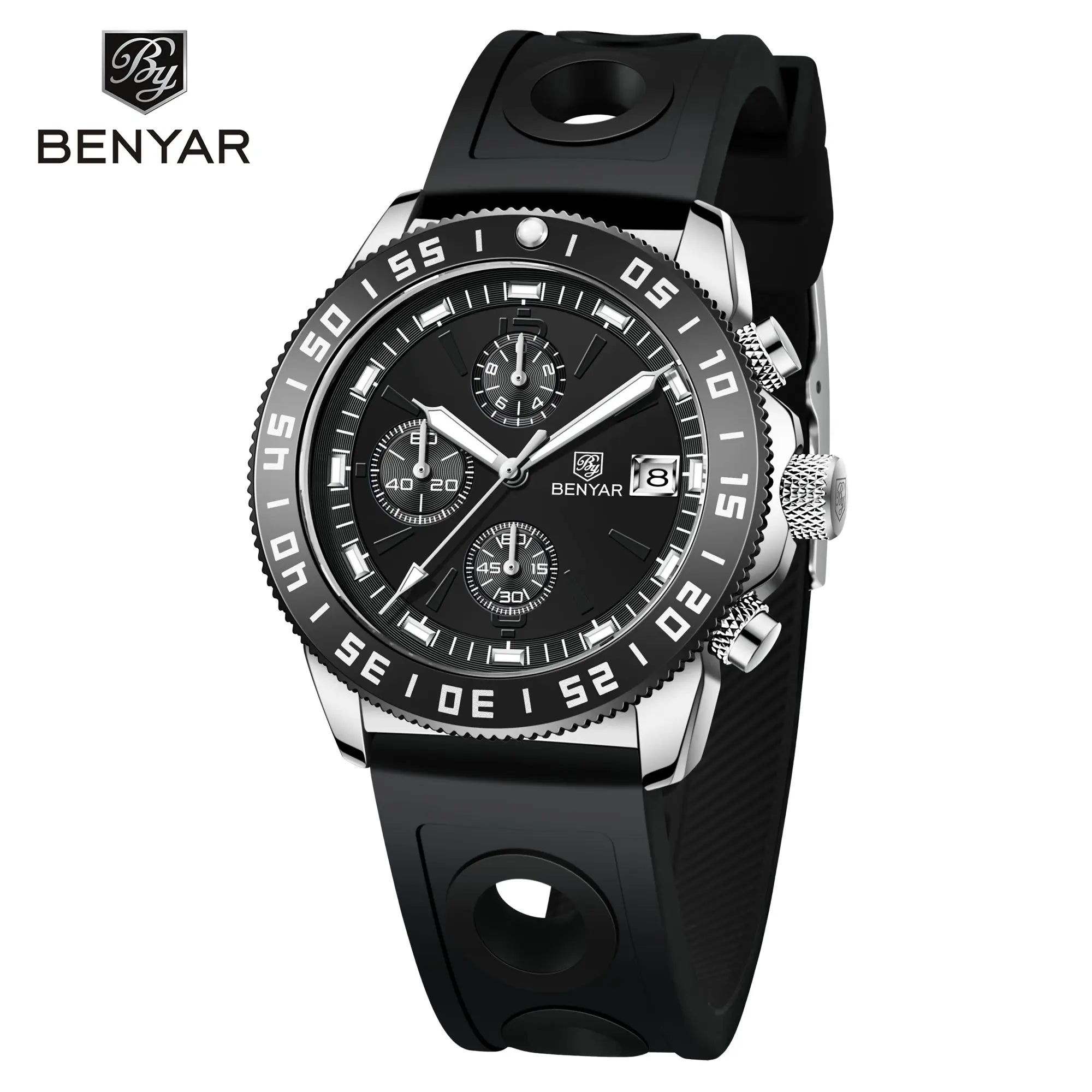 Benyar 5198 Men Timepiece Stainless Steel Band Water Proof Chronometer Character Business Wristwatch