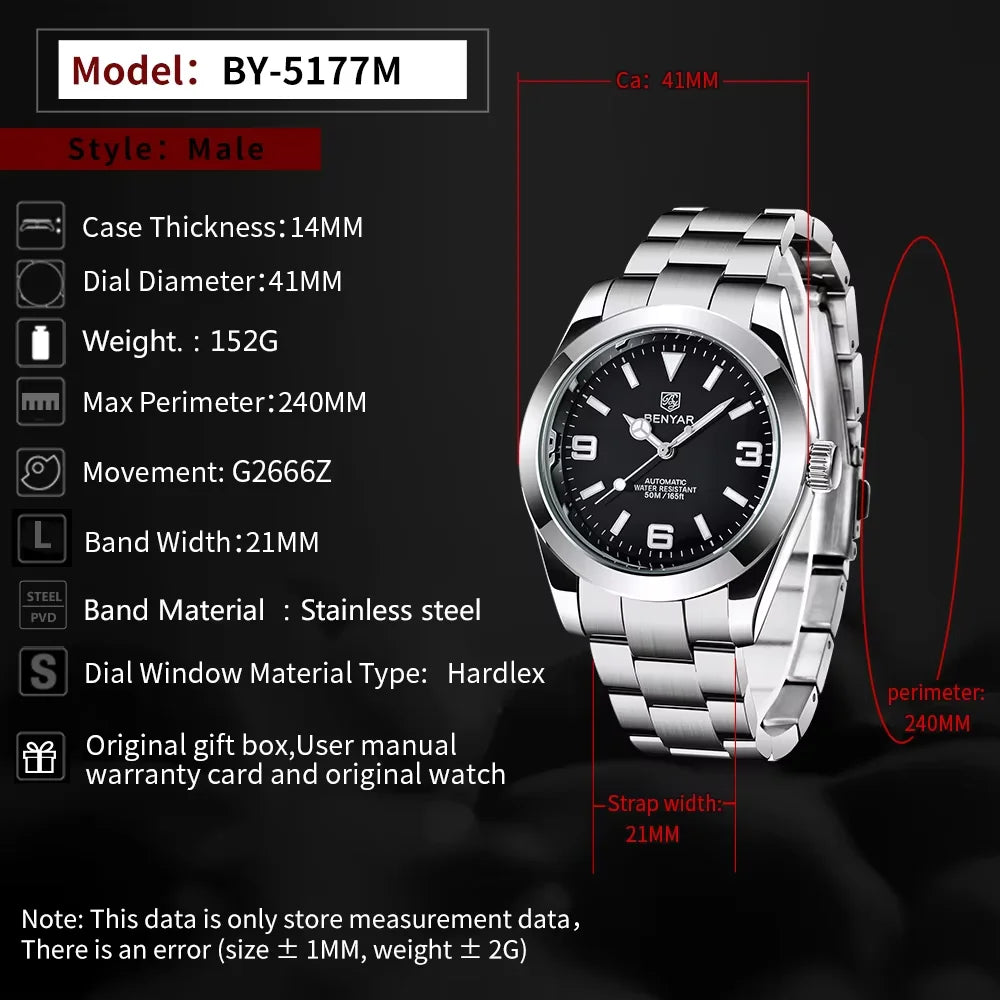 Top Luxury Brand BENYAR BY-5177M Men Mechanical Automatic Watches Sport Watch for Men Business Stainless Steel Relogio Masculino