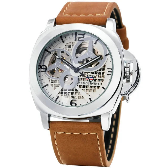 FORSINING Fashion Men Auto Mechanical Watch Brown Leather Strap Luxury Skeleton Dial 3D Index Design Top Brand Wrist Watches