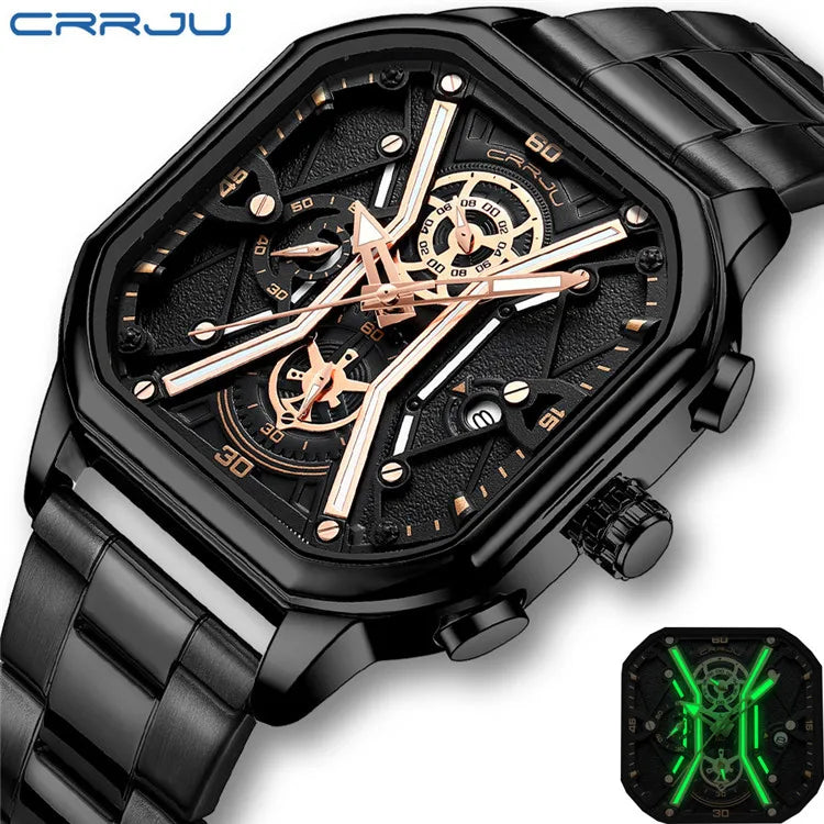 CRRJU Square Dial Leather Chronograph Watch