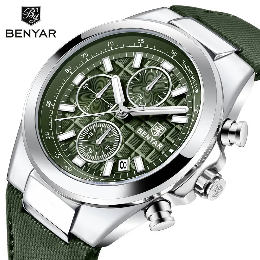 BENYAR Brand Men's 5206M Watches Top Luxury Watch for Men Chronograph Quartz Wristwatch Clock Waterproof Leather Reloj Hombr