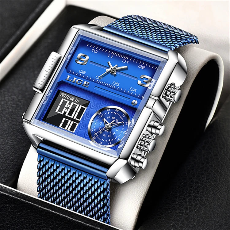 Top Brand LIGE Square Man Watch Luxury Sport Quartz Analog Wristwatch for Men Waterproof Digital Watches Creative Watch