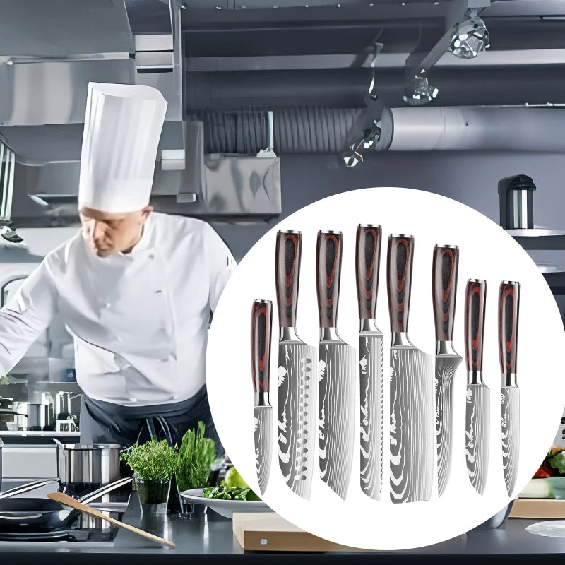 8-Piece Premium Stainless Steel Kitchen Knife Set Wood Pakka Santoku Nakiri Slicing Utility OEM Boning Slicer Knives