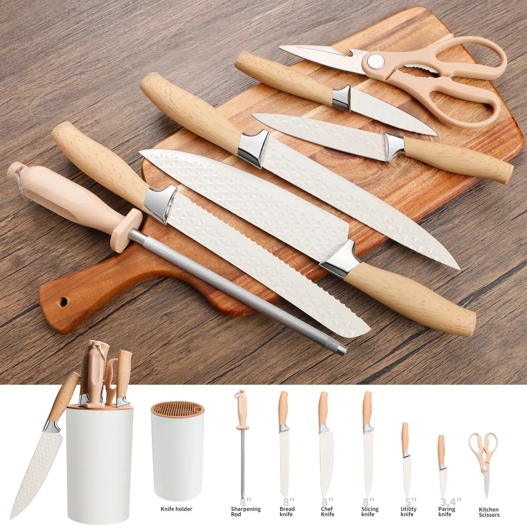 Yangjiang 7-Piece Kitchen Knife Set Plastic Holder Including Chef Santoku Nakiri Bread Boning Utility Fruit Slicer Knives