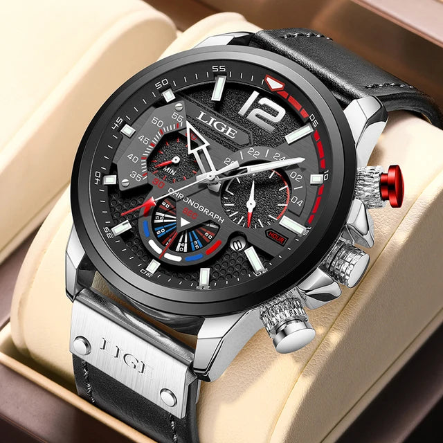 LIGE Mens Watches Big Dial Quartz Wristwatch Business Leather Watch for Men Luminous Waterproof Watch Man Relogio Masculino+Box
