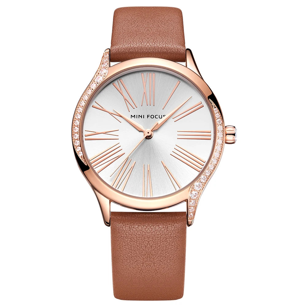 Diamond Grace - Women's Leather Strap Watch with Crystal Case