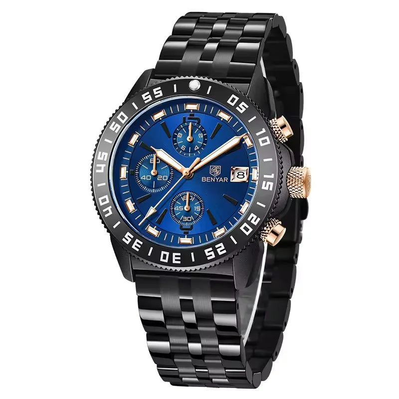 Benyar 5198 Men Timepiece Stainless Steel Band Water Proof Chronometer Character Business Wristwatch