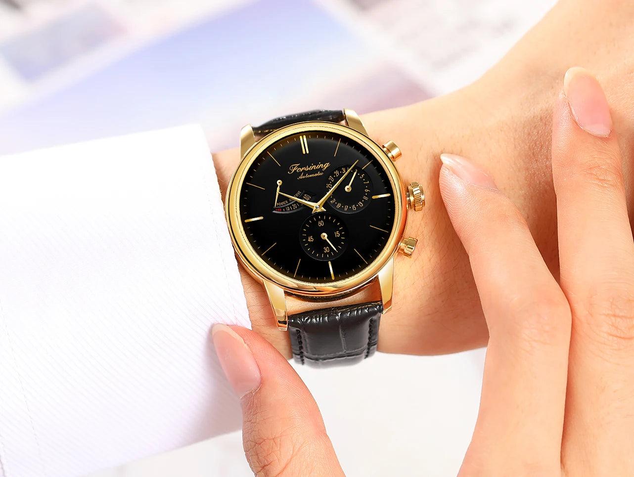 FORSINNG Men's Mechanical Watch - Black Gold Skeleton Dial Automatic Movement Leather Strap