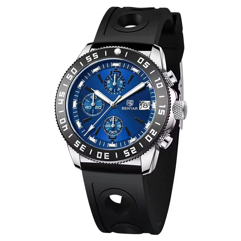 Benyar 5198 Men Timepiece Stainless Steel Band Water Proof Chronometer Character Business Wristwatch