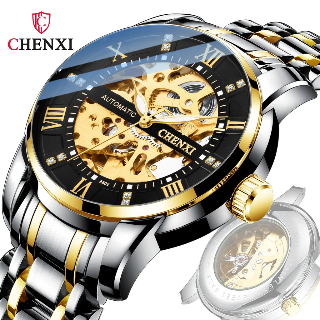 CHENXI Mechanical Watch for Men Golden Stainless Steel Roman Diamond Diamond Big Dial Automatic Watch for Men Luxury Wristwatch