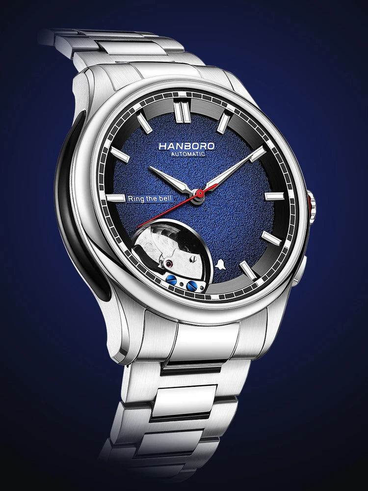 HANBORO Men's Personalized Automatic Mechanical Watch On-Time Alarm Series with Stainless Steel Band