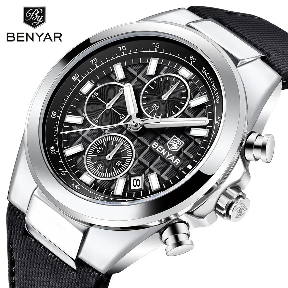 BENYAR Brand Men's 5206M Watches Top Luxury Watch for Men Chronograph Quartz Wristwatch Clock Waterproof Leather Reloj Hombr