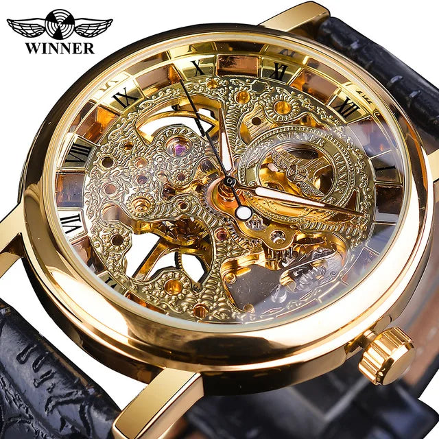 Winner Men's Automatic Watch - Transparent Golden Case Leather Business Sport Timepiece