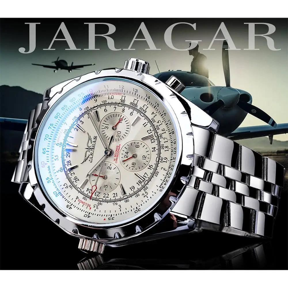 Jaragar Men's Automatic Mechanical Watch - White Dial Complete Calendar Luminous Steel