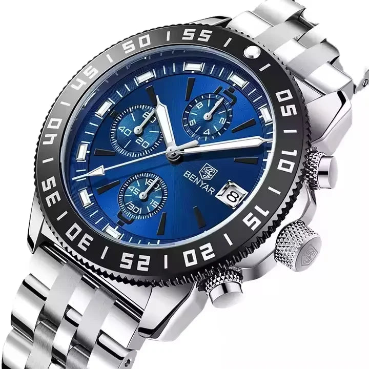 Benyar 5198 Men Timepiece Stainless Steel Band Water Proof Chronometer Character Business Wristwatch