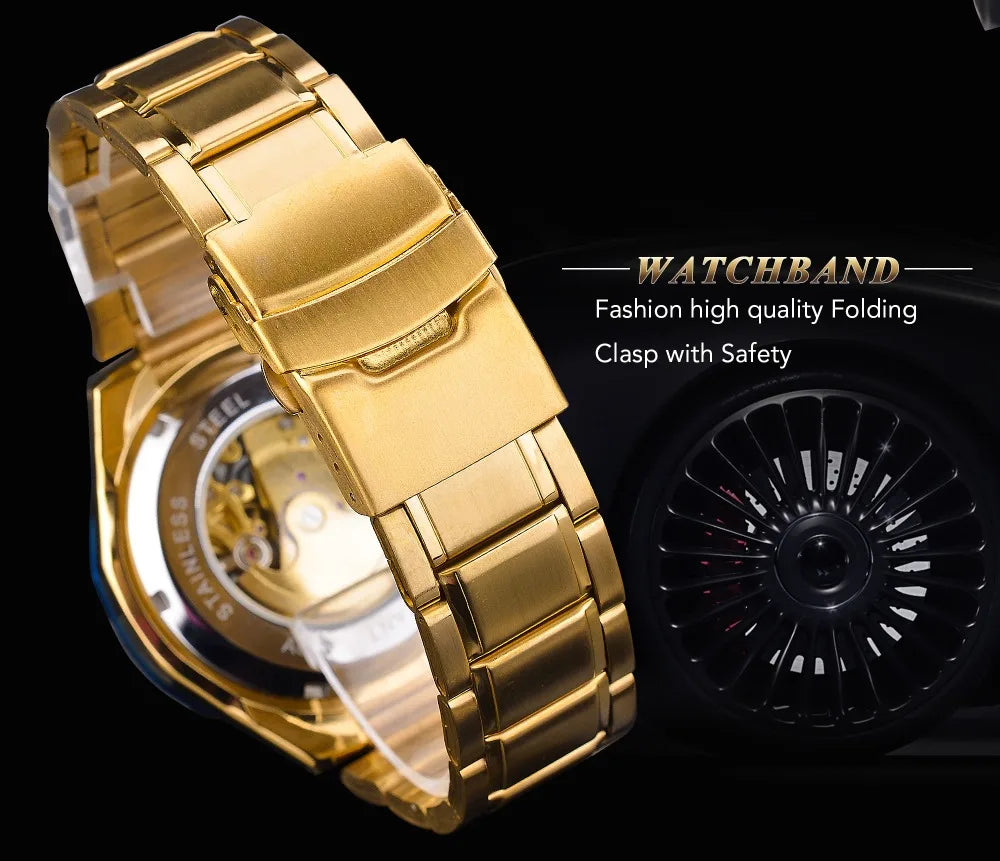 Winner Men's Gold Skeleton Automatic Watch - Waterproof Mechanical Luminous Timepiece