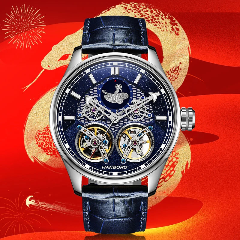 HANBORO Automatic Men's Skeletonized Design Mechanical Watch 22mm Band Width Glass Dial Window Display Double Flywheel