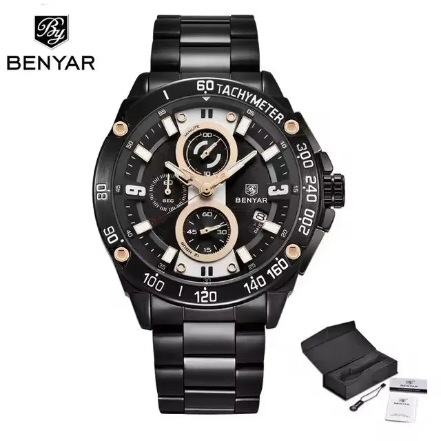 BENYAR 5148 BENYAR Men Luxury Stainless Steel Chronograph Quartz Watches Business Auto Date Luminous Wristwatch