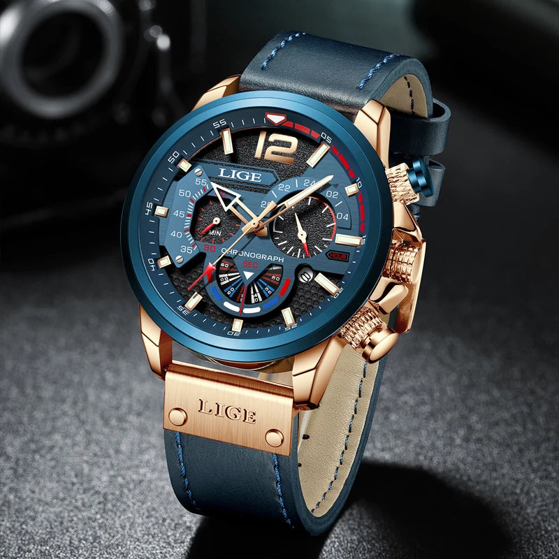 LIGE Mens Watches Big Dial Quartz Wristwatch Business Leather Watch for Men Luminous Waterproof Watch Man Relogio Masculino+Box