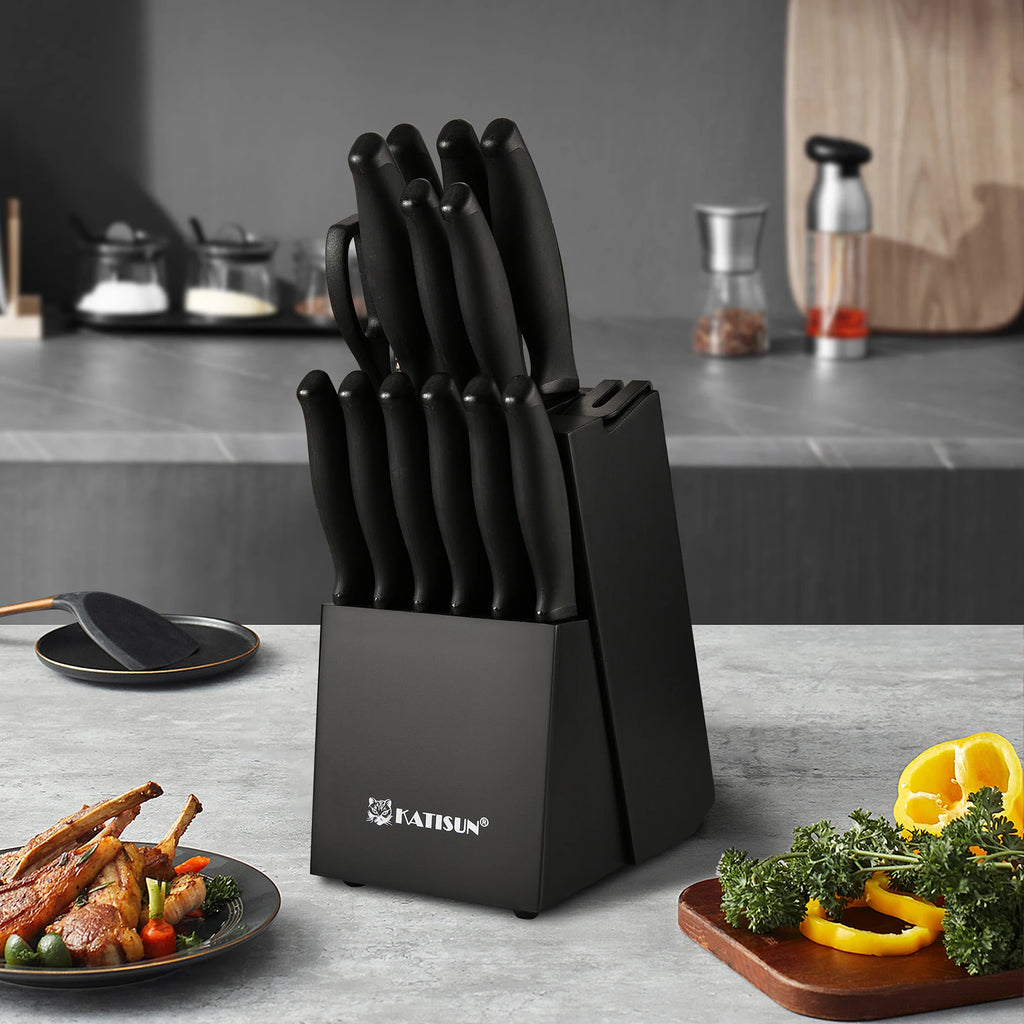 15-Piece Color Coded Kitchen Knife Set High Carbon Chef Knife Ergonomic Black Anti-Slip TPR Soft Handle and Inner Sharpener