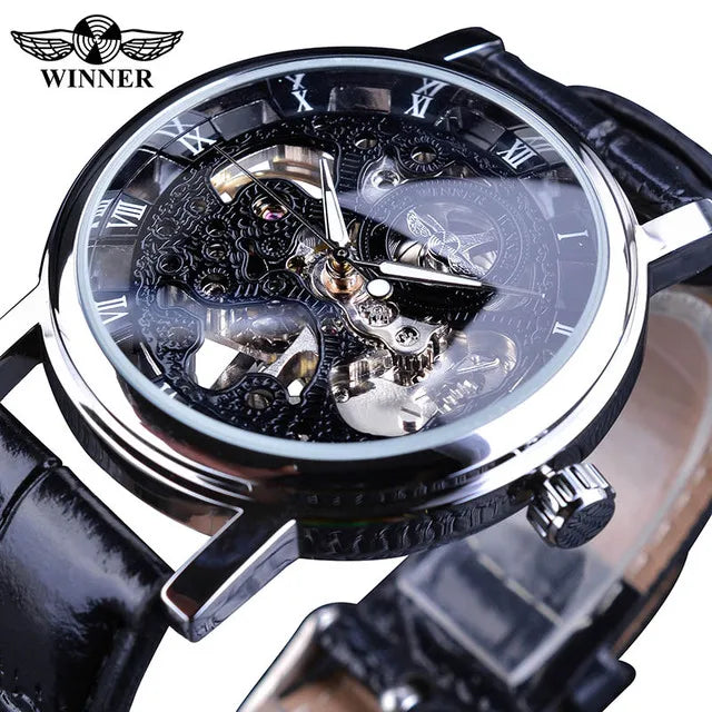 Winner Men's Automatic Watch - Transparent Golden Case Leather Business Sport Timepiece