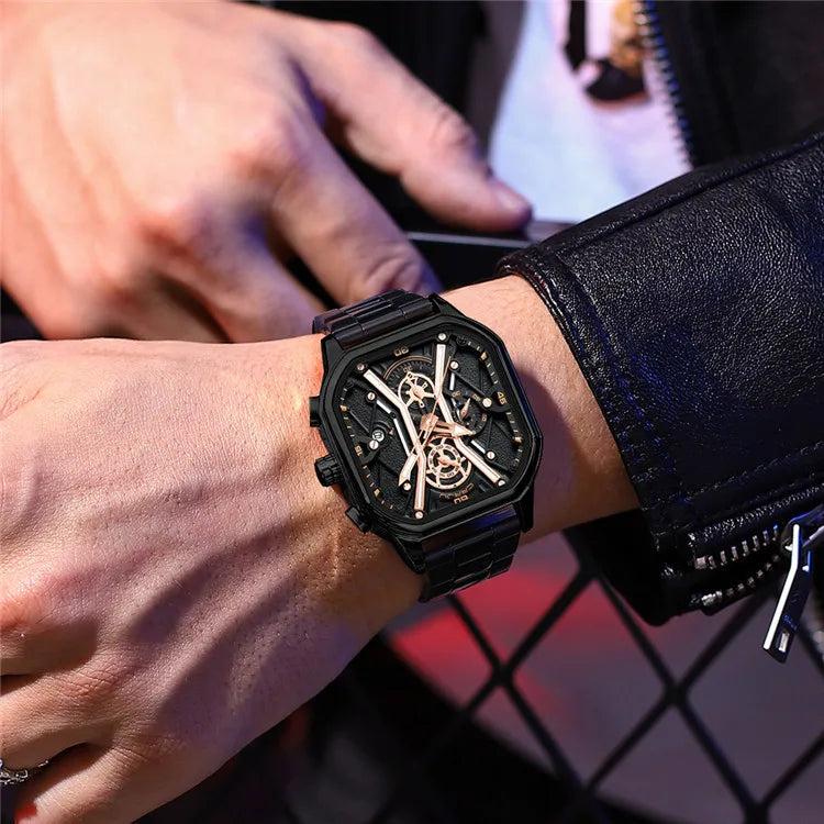 CRRJU Square Dial Leather Chronograph Watch