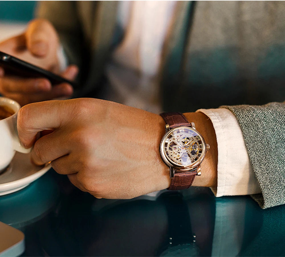 Winner Men's Automatic Watch - Transparent Golden Case Leather Business Sport Timepiece