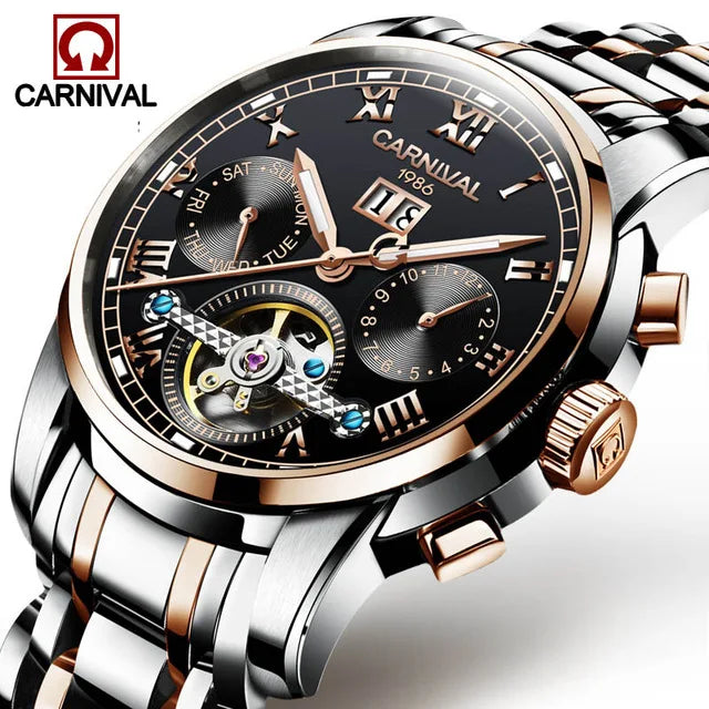 Montre Homme CARNIVAL Tourbillon Mechanical Wristwatches Sapphire Calendar Luminous Waterproof Automatic Watches for Man 2025