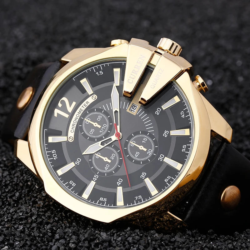 CURREN Men's Luxury Gold Big Dial Quartz Watch - Leather Strap Sport Casual