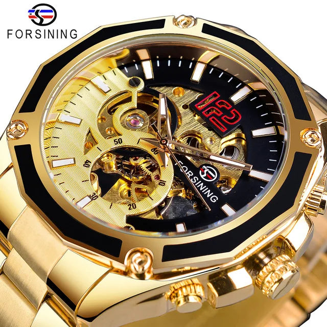 Top Brand Luxury Forsining Golden Skeleton Fashion Black Stainless Steel Design Automatic Sport Hour Timepiece Mechanical Watch
