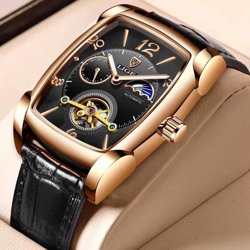 Lige 8949 Watches Square Reloj Montre Watch Automatic Tourbillon Clock Genuine Leather Waterproof Mechanical Wristwatch for Men