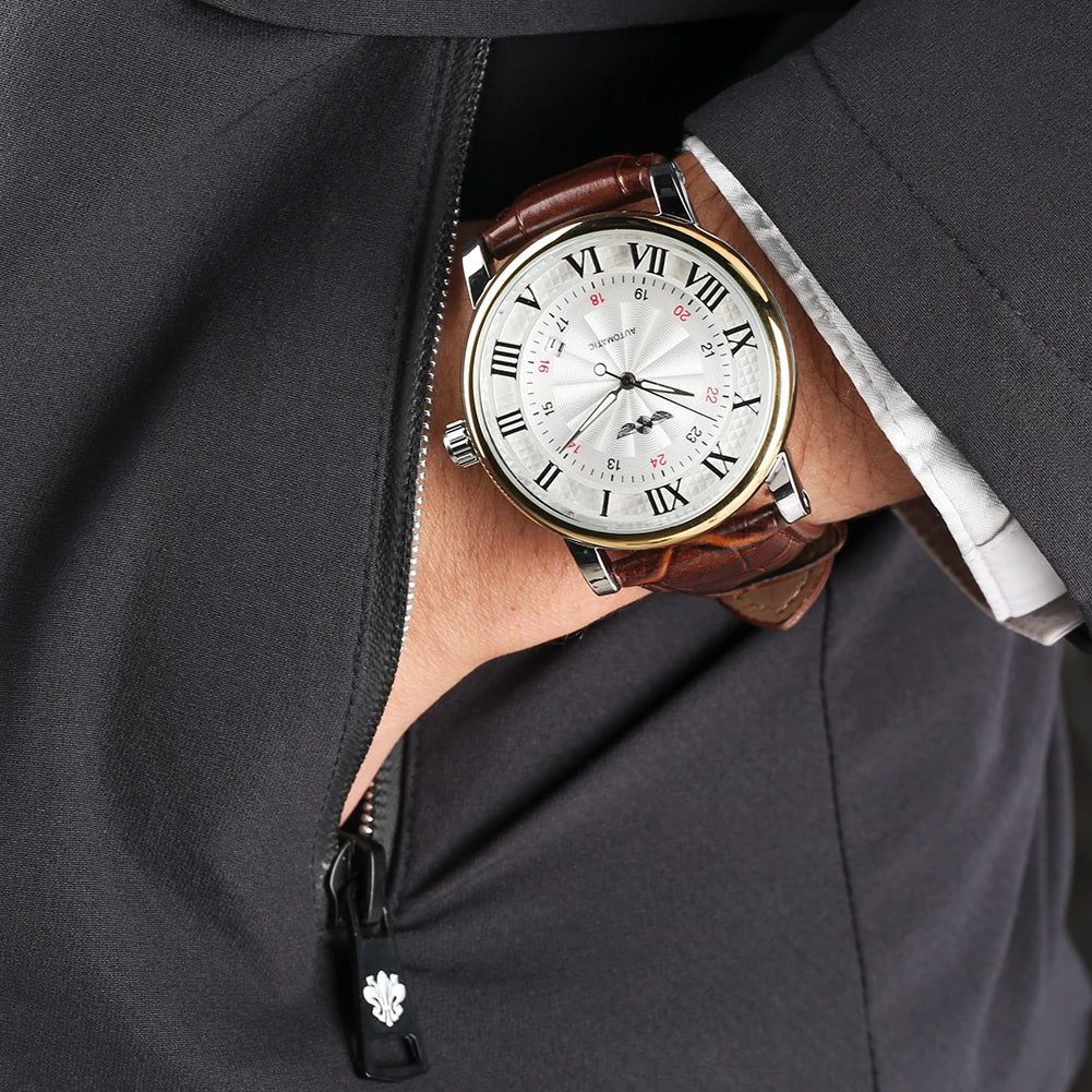 Men's Automatic Mechanical Watch Roman Scale Dial Calendar Display Business Wristwatches Perfect Gift