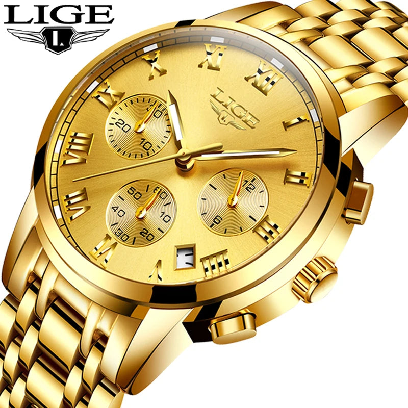 LIGE Golden Prestige - Luxury Gold-Tone Business Quartz Watch