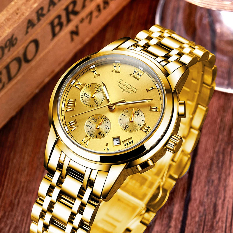 LIGE Golden Prestige - Luxury Gold-Tone Business Quartz Watch