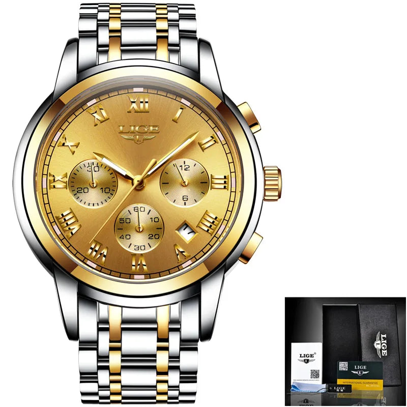 LIGE Golden Prestige - Luxury Gold-Tone Business Quartz Watch