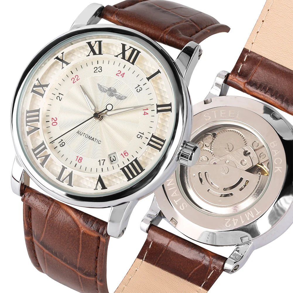 Men's Automatic Mechanical Watch Roman Scale Dial Calendar Display Business Wristwatches Perfect Gift