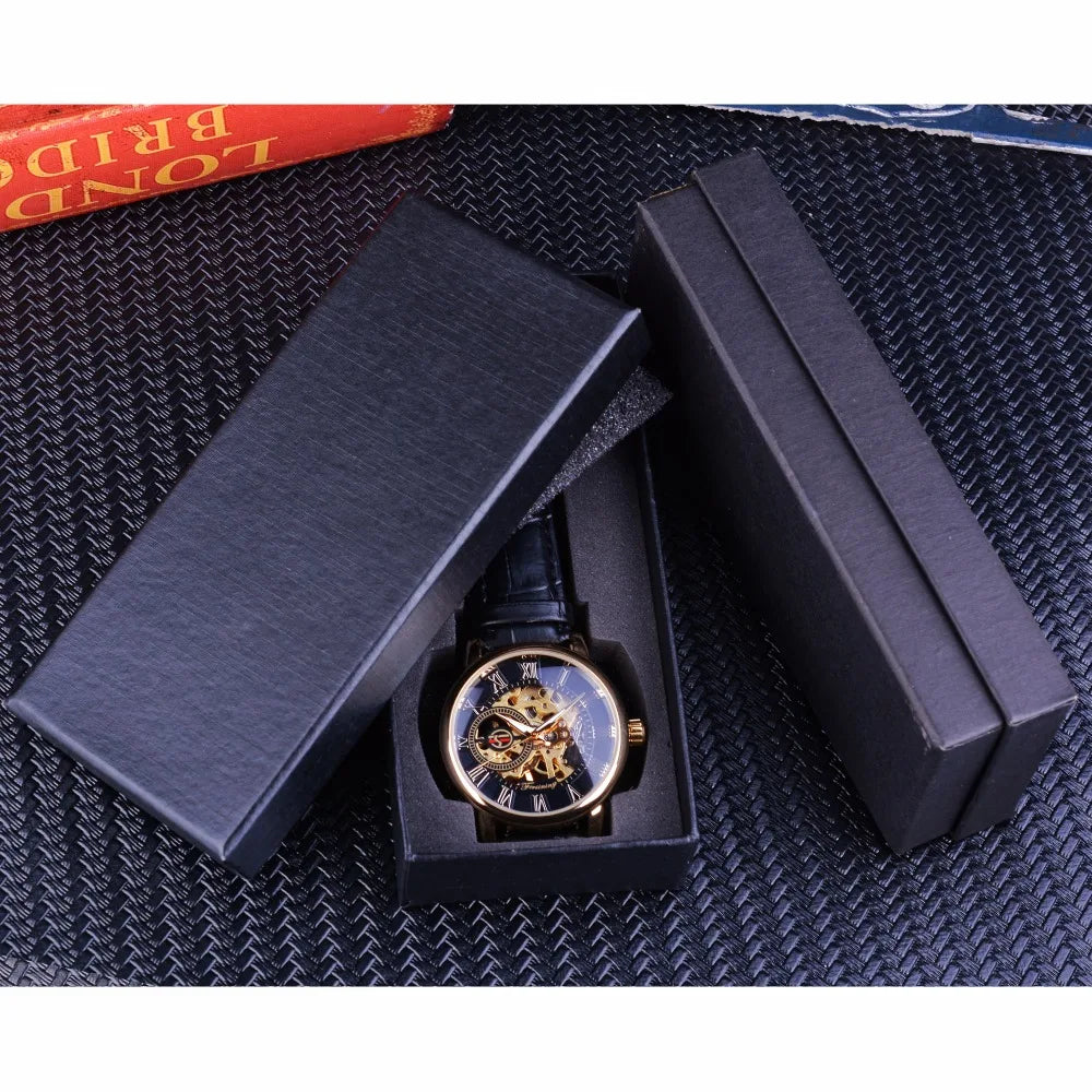 Forsining Men's Luxury Mechanical Skeleton Watch - Black Gold 3D Roman Dial