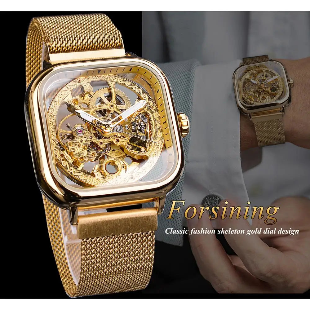 Golden Square Skeleton Automatic Watch - Mesh Steel Band
