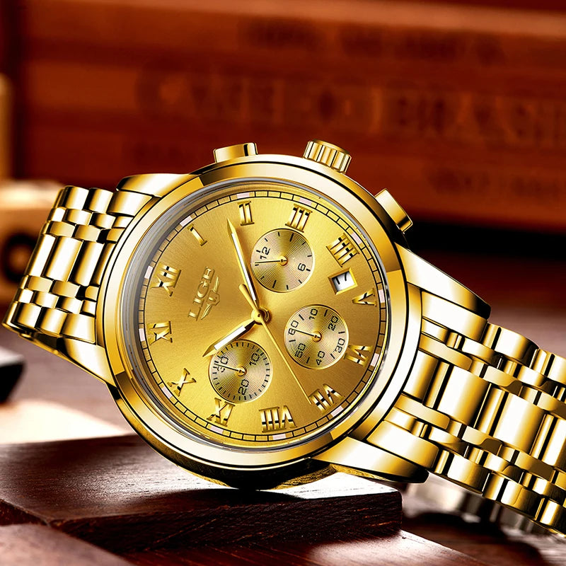 LIGE Golden Prestige - Luxury Gold-Tone Business Quartz Watch