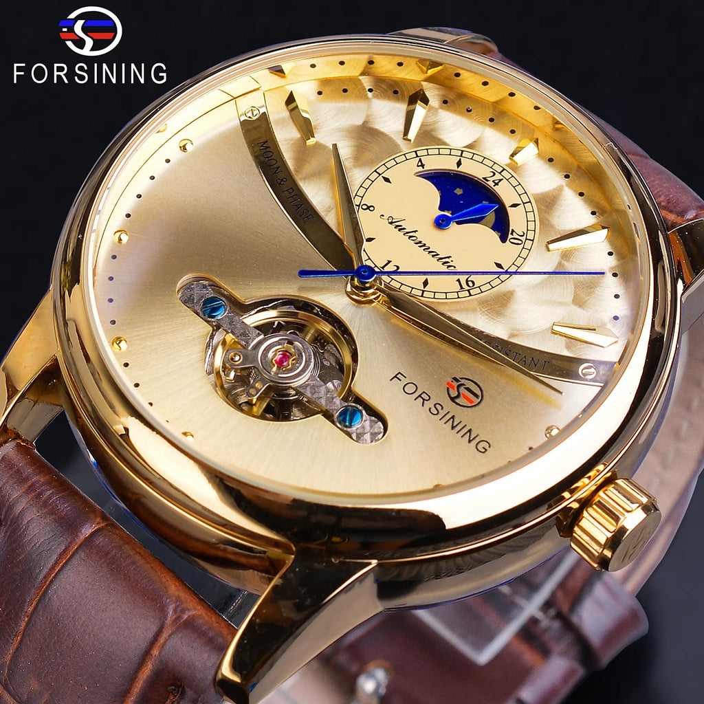 Forsining Moon Phase Automatic Watch Royal Men's Golden Mechanical Wristwatches Casual Genuine Leather Tourbillon Business Clock