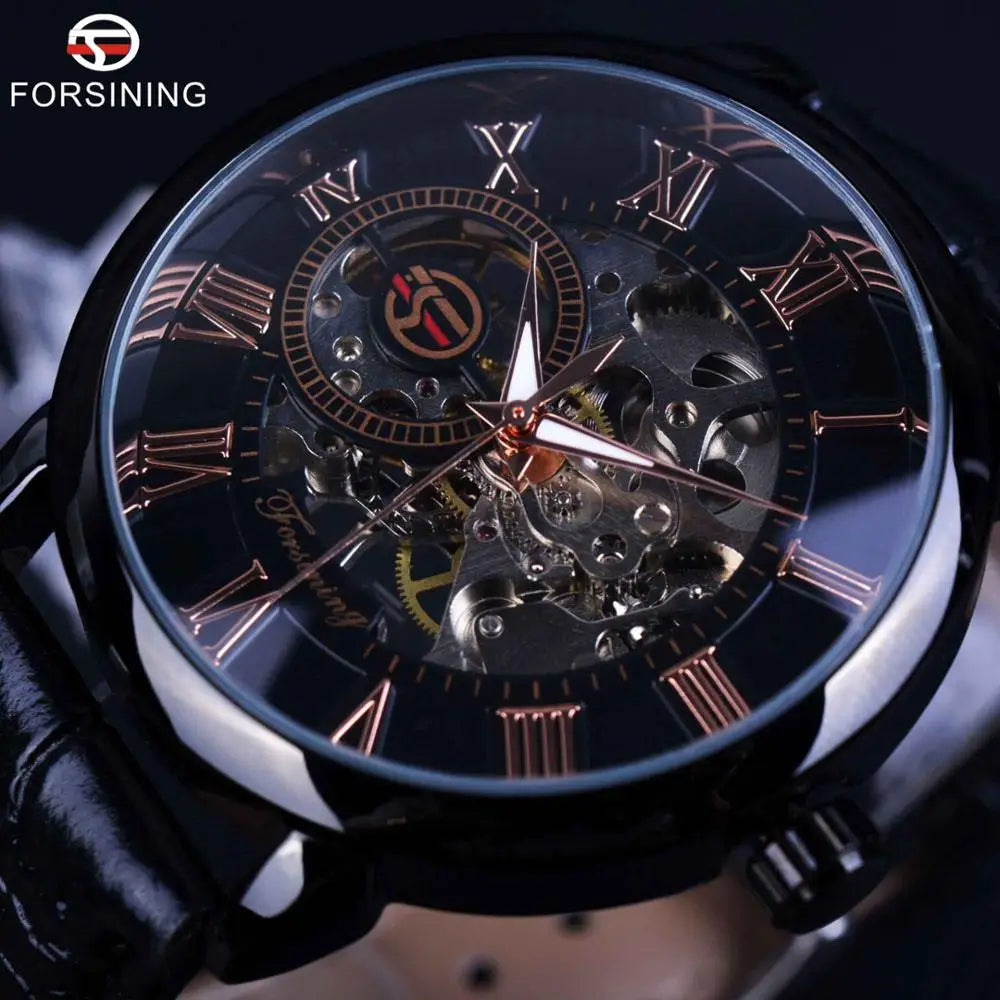 Forsining Men's Luxury Mechanical Skeleton Watch - Black Gold 3D Roman Dial